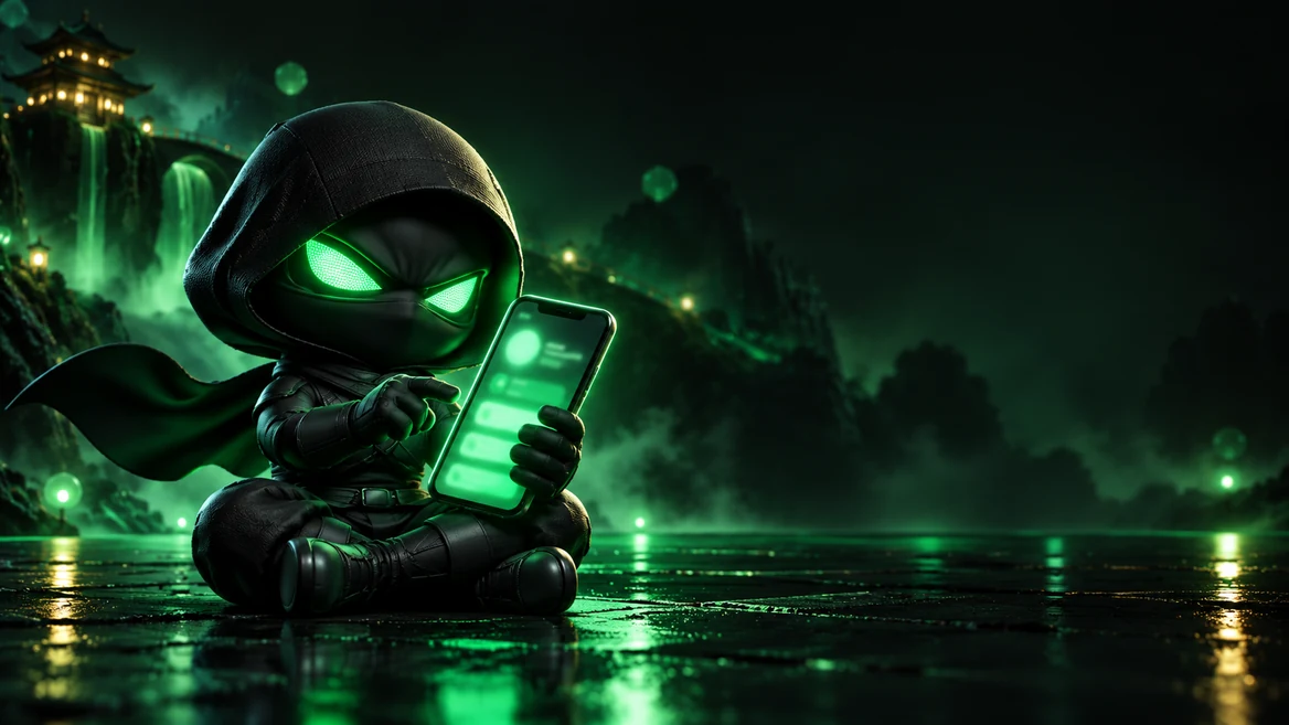 Betninja Casino mascot playing on a mobile phone
