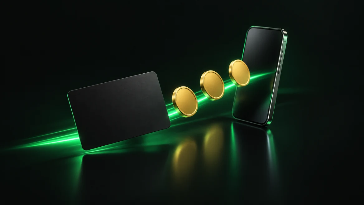 Bank card, coins and a phone showing the Betninja Casino cashier flow